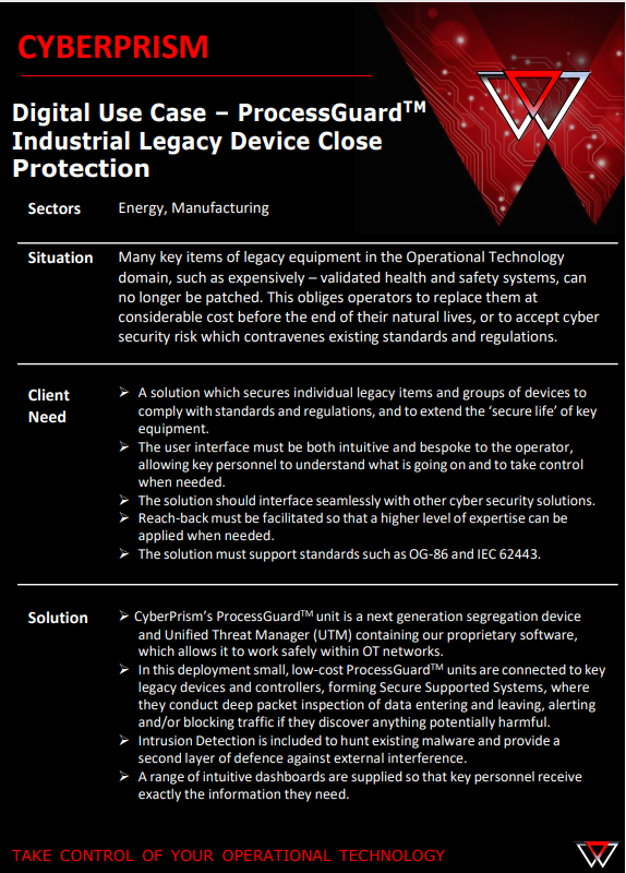 CyberPrism - Digital Use Case - ProcessGuard Industrial Legacy Device Close Protection